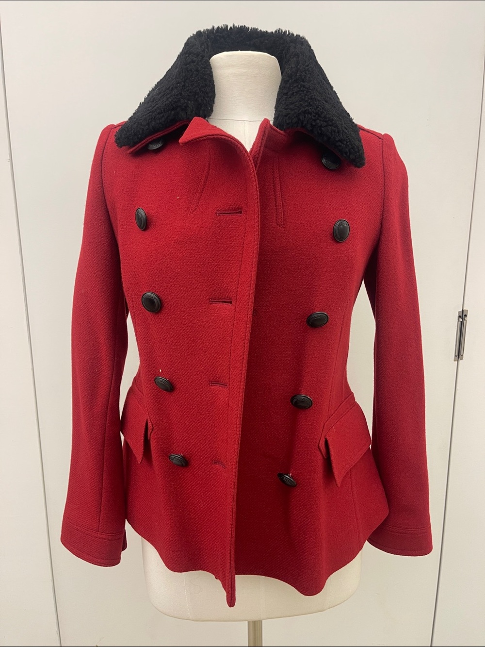 Burberry Red Double-Breasted Pea Coat with Black Faux-Shearling Collar